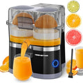 Portable electric citrus juicer with dual-head squeezer for lemon, grapefruit, orange; stainless steel body, white color; high