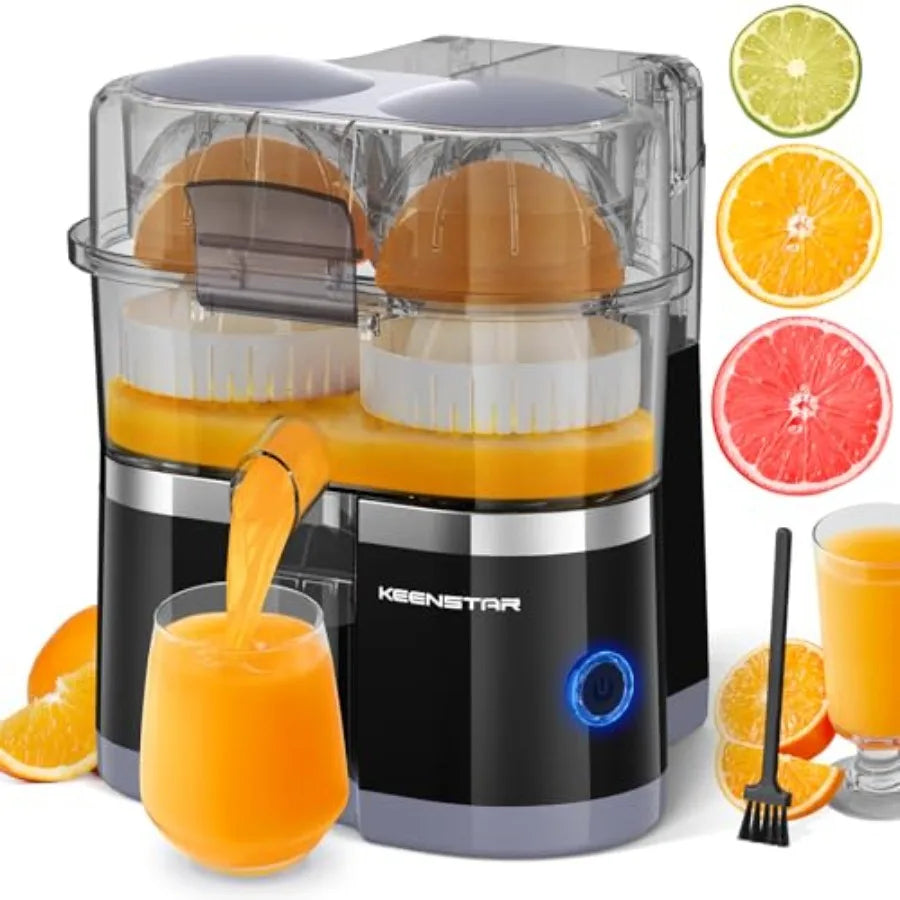 Portable electric citrus juicer with dual-head squeezer for lemon, grapefruit, orange; stainless steel body, white color; high