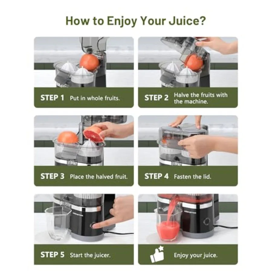Portable electric citrus juicer with dual-head squeezer for lemon, grapefruit, orange; stainless steel body, white color; high