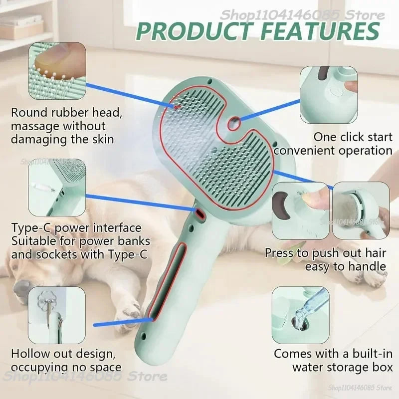 Pet Spray Hair Comb, Steam Massage Brush with Soft Round Teeth, Safe Hair Removal Comb for Dog & Cat Cleaning