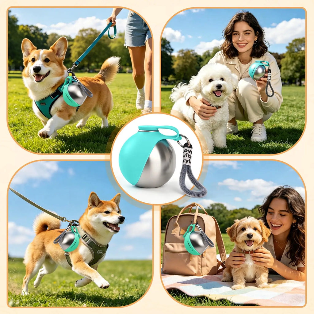 Portable Dog Water Bottle Stainless Steel with Silicone Bowl Leak Proof Pet Drinking Bottle for Dogs Cats Hiking Travel Walking