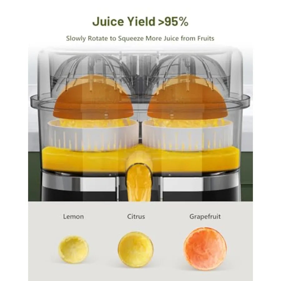 Portable electric citrus juicer with dual-head squeezer for lemon, grapefruit, orange; stainless steel body, white color; high