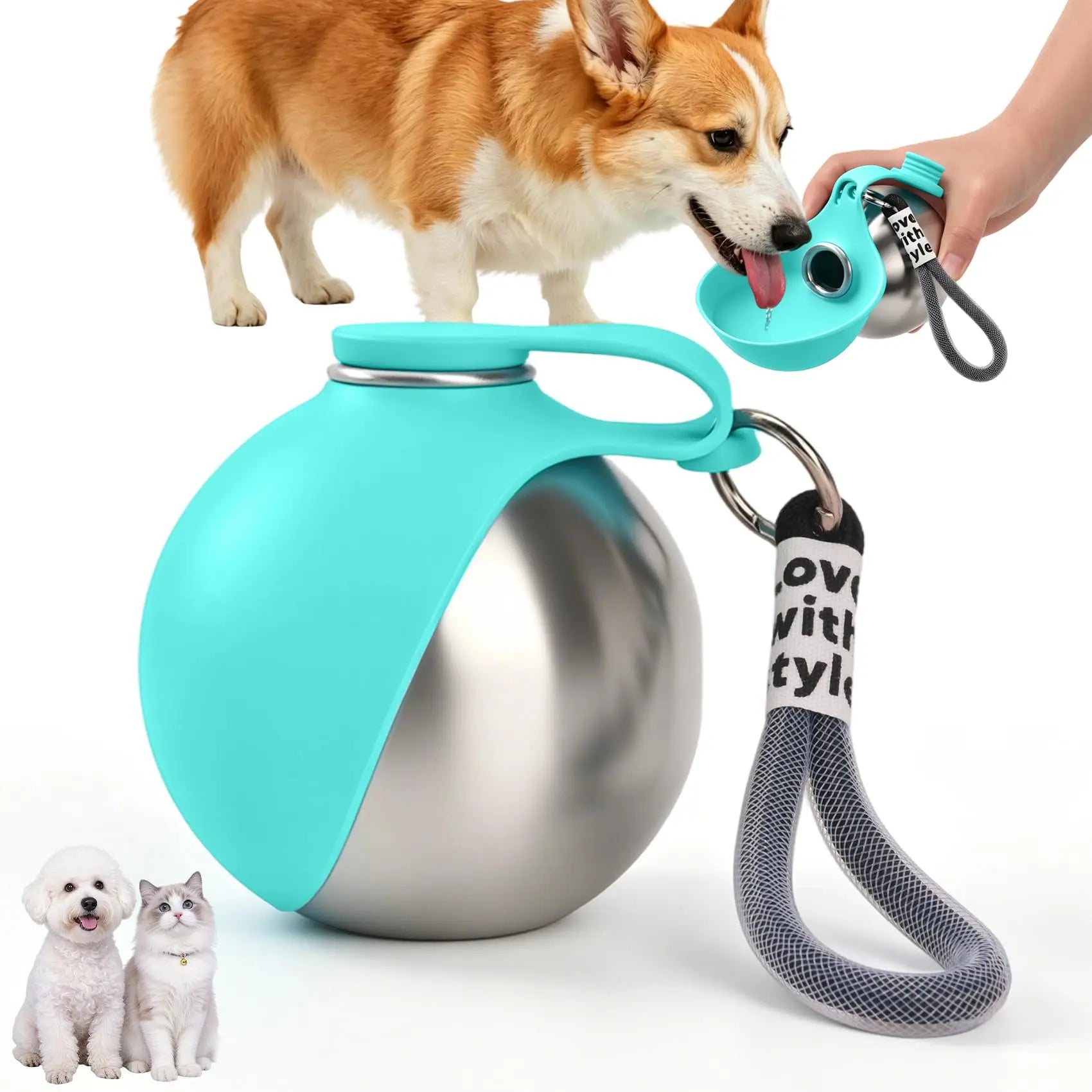 Portable Dog Water Bottle Stainless Steel with Silicone Bowl Leak Proof Pet Drinking Bottle for Dogs Cats Hiking Travel Walking