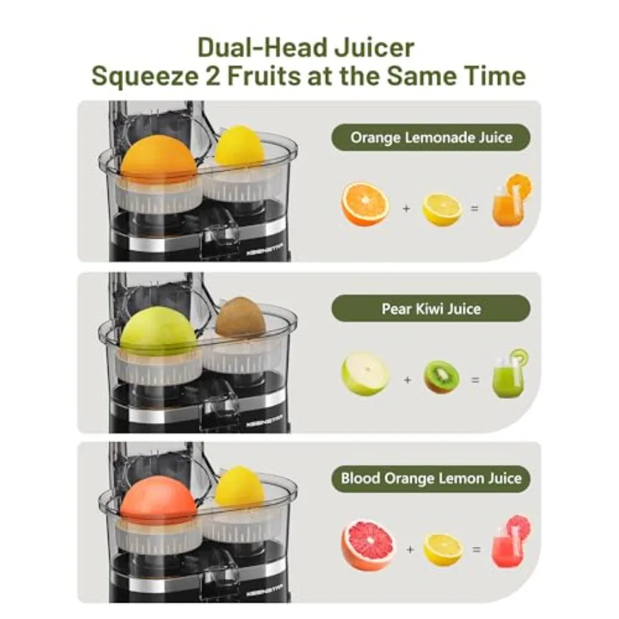 Portable electric citrus juicer with dual-head squeezer for lemon, grapefruit, orange; stainless steel body, white color; high
