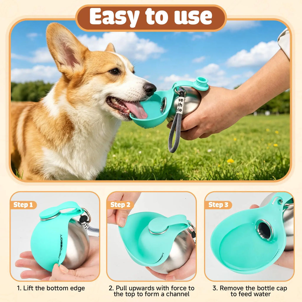 Portable Dog Water Bottle Stainless Steel with Silicone Bowl Leak Proof Pet Drinking Bottle for Dogs Cats Hiking Travel Walking