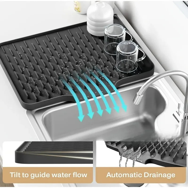 Non-Slip Silicone Kitchen Drain Mat with Built-in Drainage Design, Heat-Resistant and Easy to Clean, Suitable for Countertops
