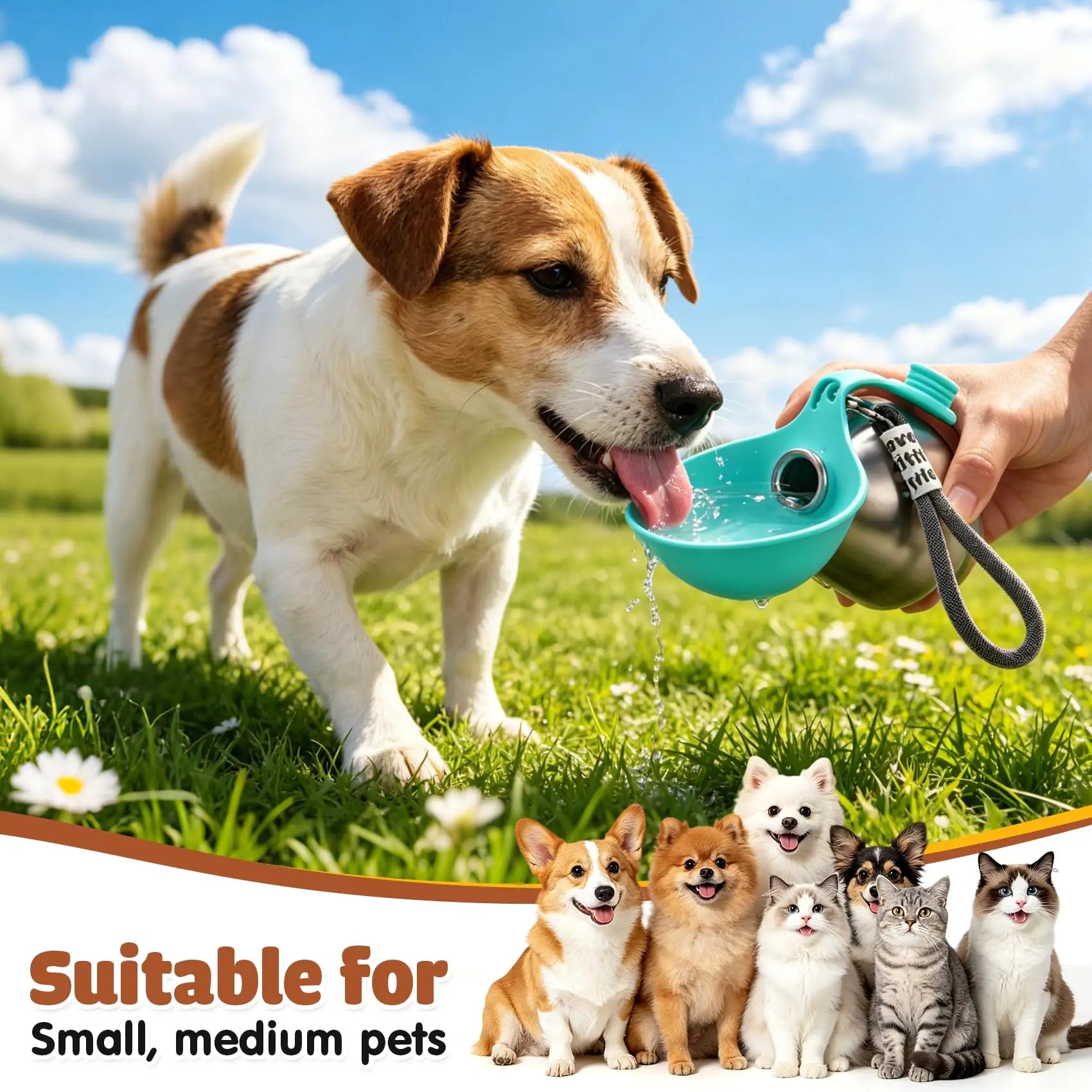Portable Dog Water Bottle Stainless Steel with Silicone Bowl Leak Proof Pet Drinking Bottle for Dogs Cats Hiking Travel Walking
