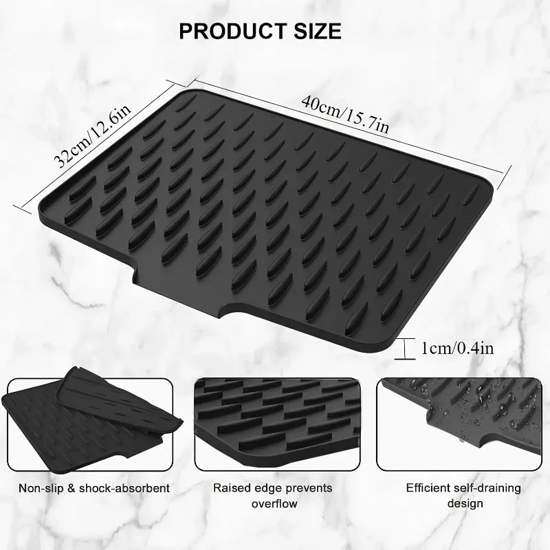Non-Slip Silicone Kitchen Drain Mat with Built-in Drainage Design, Heat-Resistant and Easy to Clean, Suitable for Countertops