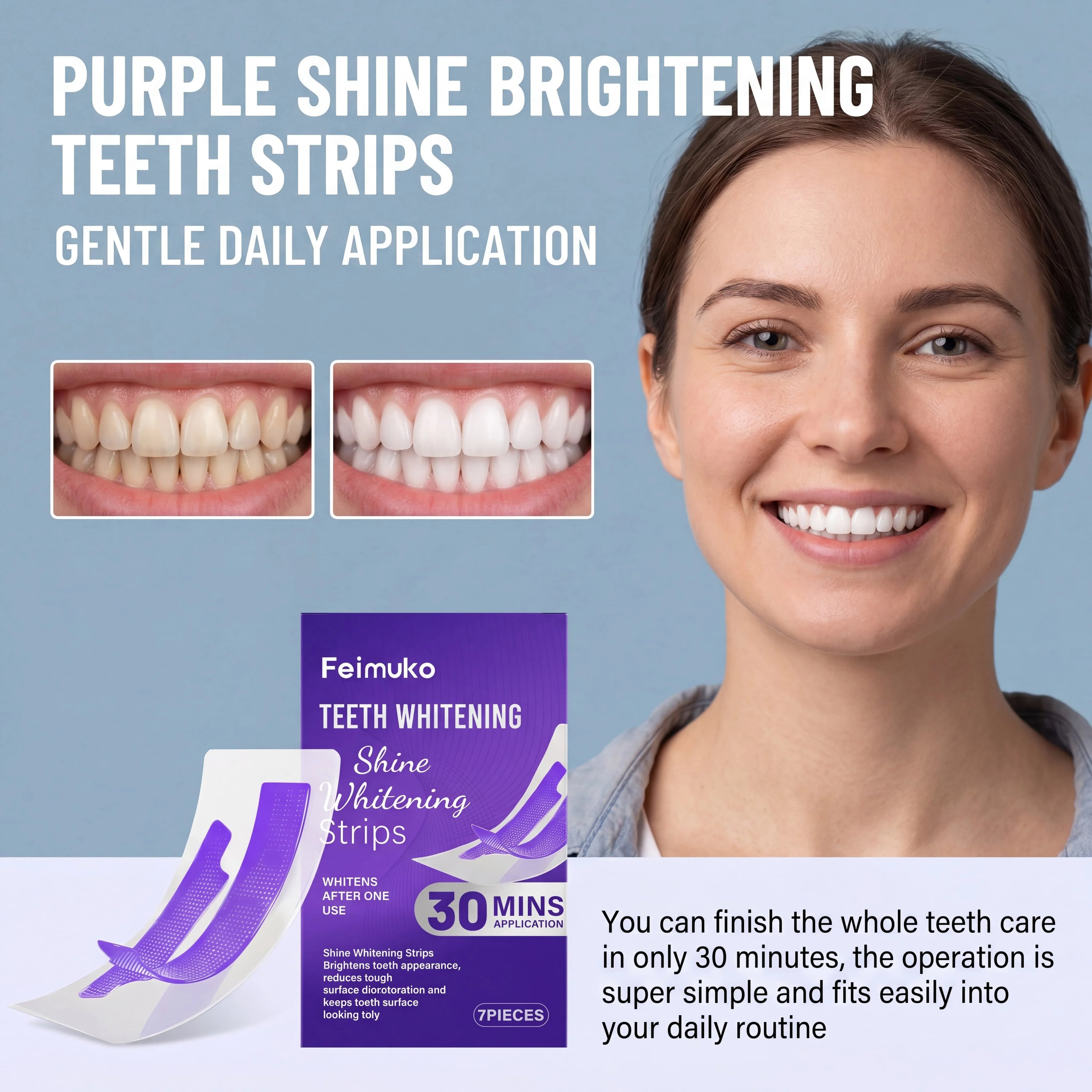 Purple Teeth Whitening Strips 30min Brighten Tooth Remove Plaque Stain Cleaning Oral Hygiene Strips
