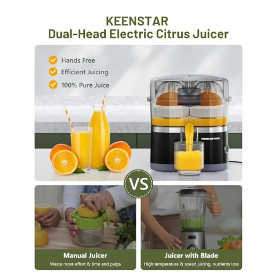 Portable electric citrus juicer with dual-head squeezer for lemon, grapefruit, orange; stainless steel body, white color; high
